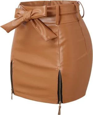 Women Leather Skirts High Waist Mini Skirt A Line PU Mini Zipper Skirt Streetwear Twill on Midi Skirt
