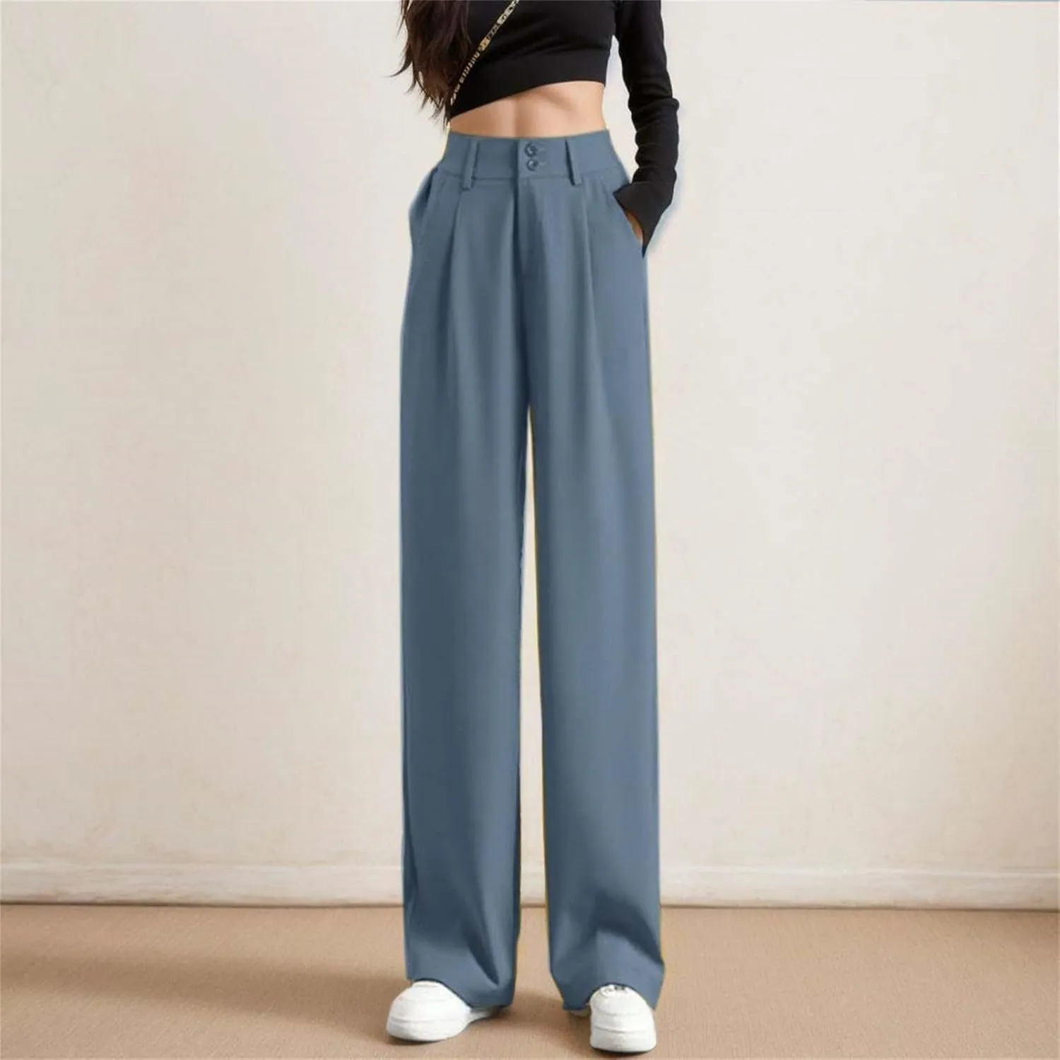 Women Linen Blend Summer Casual Loose Palazzo Lounge Pants Elastic Waist Baggy Stretchy Plus Size Trouser Trendy