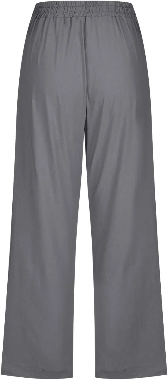 Women Linen Blend Summer Floral Palazzo Lounge Pants Low Waist Wide Leg Slim-Fit Palazzo Lounge Pants Vacation