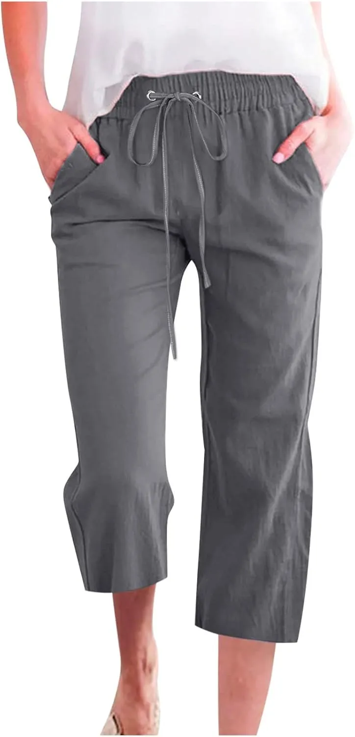 Women Linen Blend Summer Floral Palazzo Lounge Pants Low Waist Wide Leg Slim-Fit Palazzo Lounge Pants Vacation