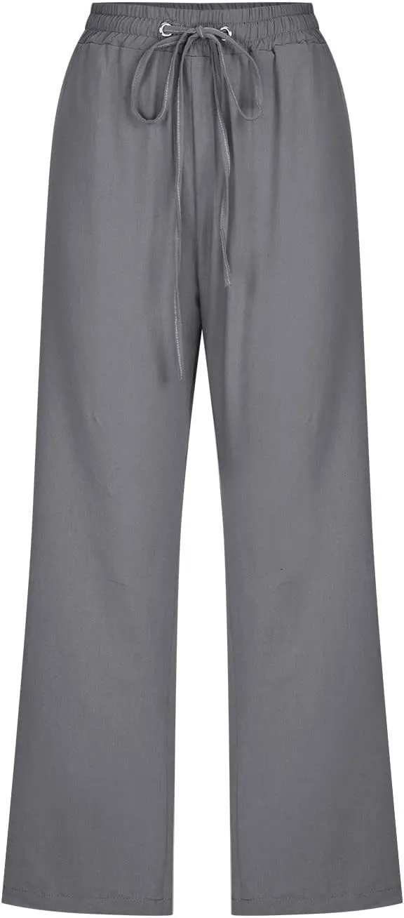 Women Linen Blend Summer Floral Palazzo Lounge Pants Low Waist Wide Leg Slim-Fit Palazzo Lounge Pants Vacation