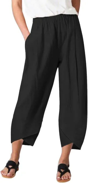 Women Linen Blend Summer Print Pant Trousers Low Waist Baggy Stretchy Slim-Fit Pant Trousers Office