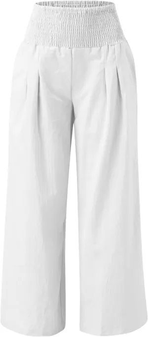 Women Linen Palazzo Pants Casual Summer Wide Leg High Waist Lounge Slacks Beach Flowy Vacation Trousers with Pockets