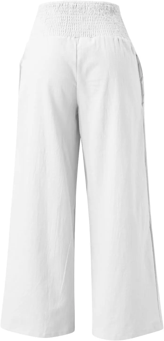 Women Linen Palazzo Pants Casual Summer Wide Leg High Waist Lounge Slacks Beach Flowy Vacation Trousers with Pockets