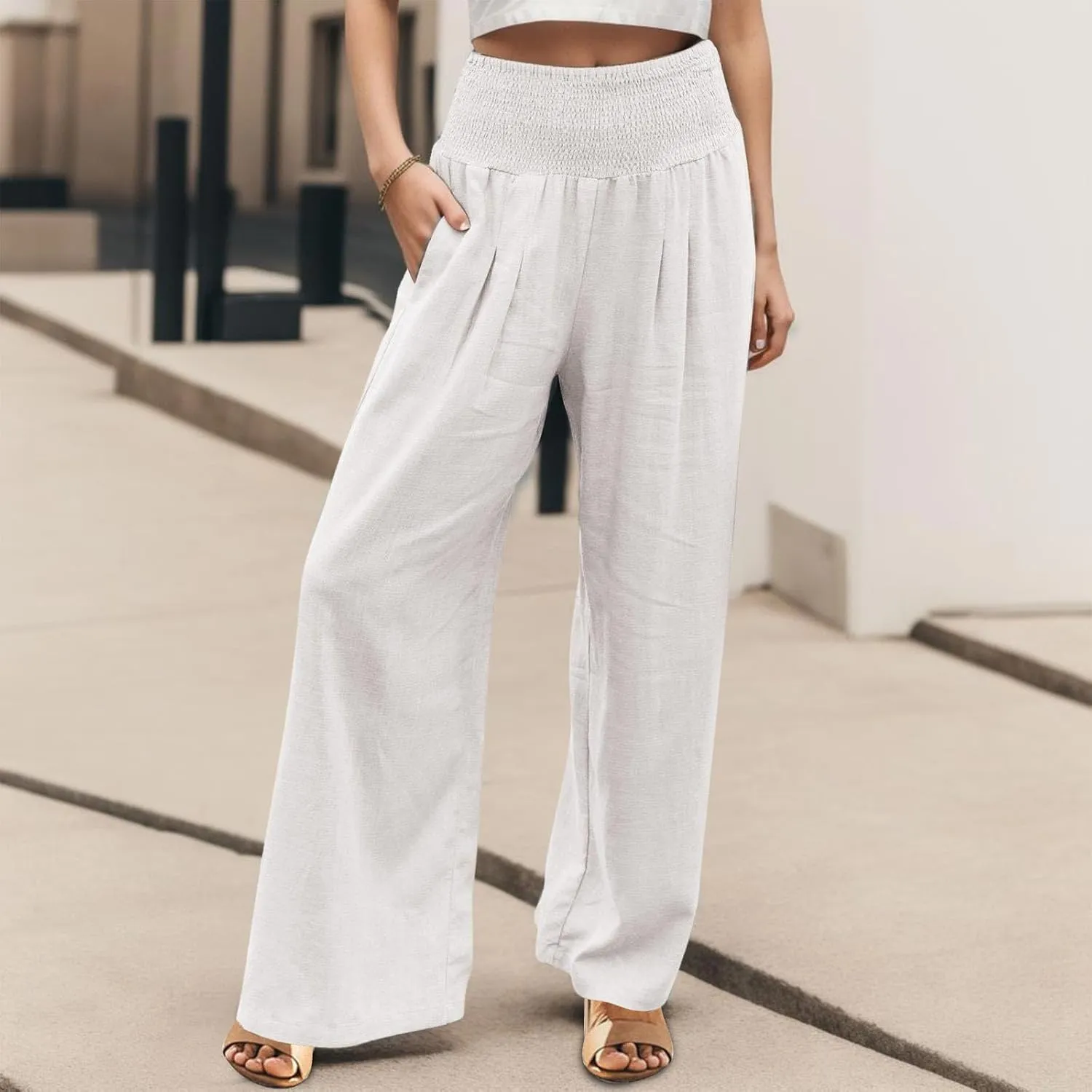 Women Linen Palazzo Pants Casual Summer Wide Leg High Waist Lounge Slacks Beach Flowy Vacation Trousers with Pockets