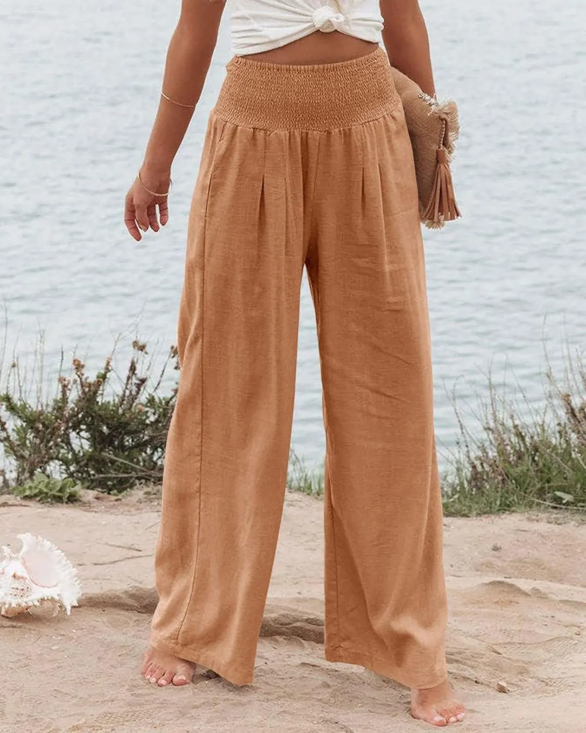 Women Linen Palazzo Pants Summer Elastic High Waisted Wide Leg Long Trousers Lounge Vacation Beach Pant with Pockets