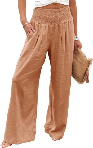 Women Linen Palazzo Pants Summer Elastic High Waisted Wide Leg Long Trousers Lounge Vacation Beach Pant with Pockets