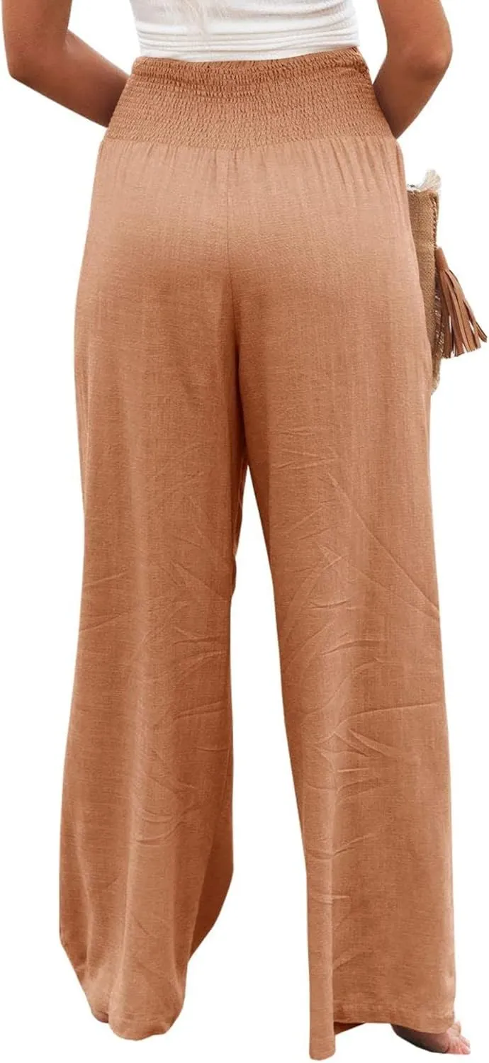Women Linen Palazzo Pants Summer Elastic High Waisted Wide Leg Long Trousers Lounge Vacation Beach Pant with Pockets