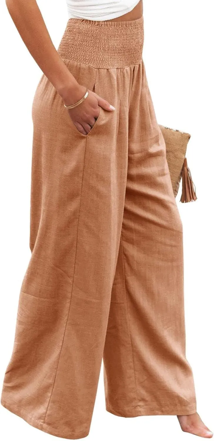 Women Linen Palazzo Pants Summer Elastic High Waisted Wide Leg Long Trousers Lounge Vacation Beach Pant with Pockets