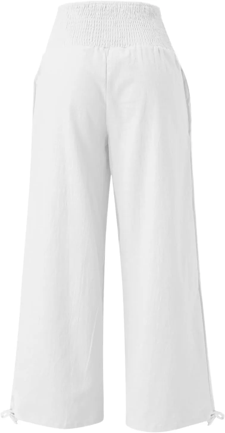 Women Linen Palazzo Summer Wide Leg High Waisted Casual Pants Beach Travel Vacation Plus Size Trousers with Pockets