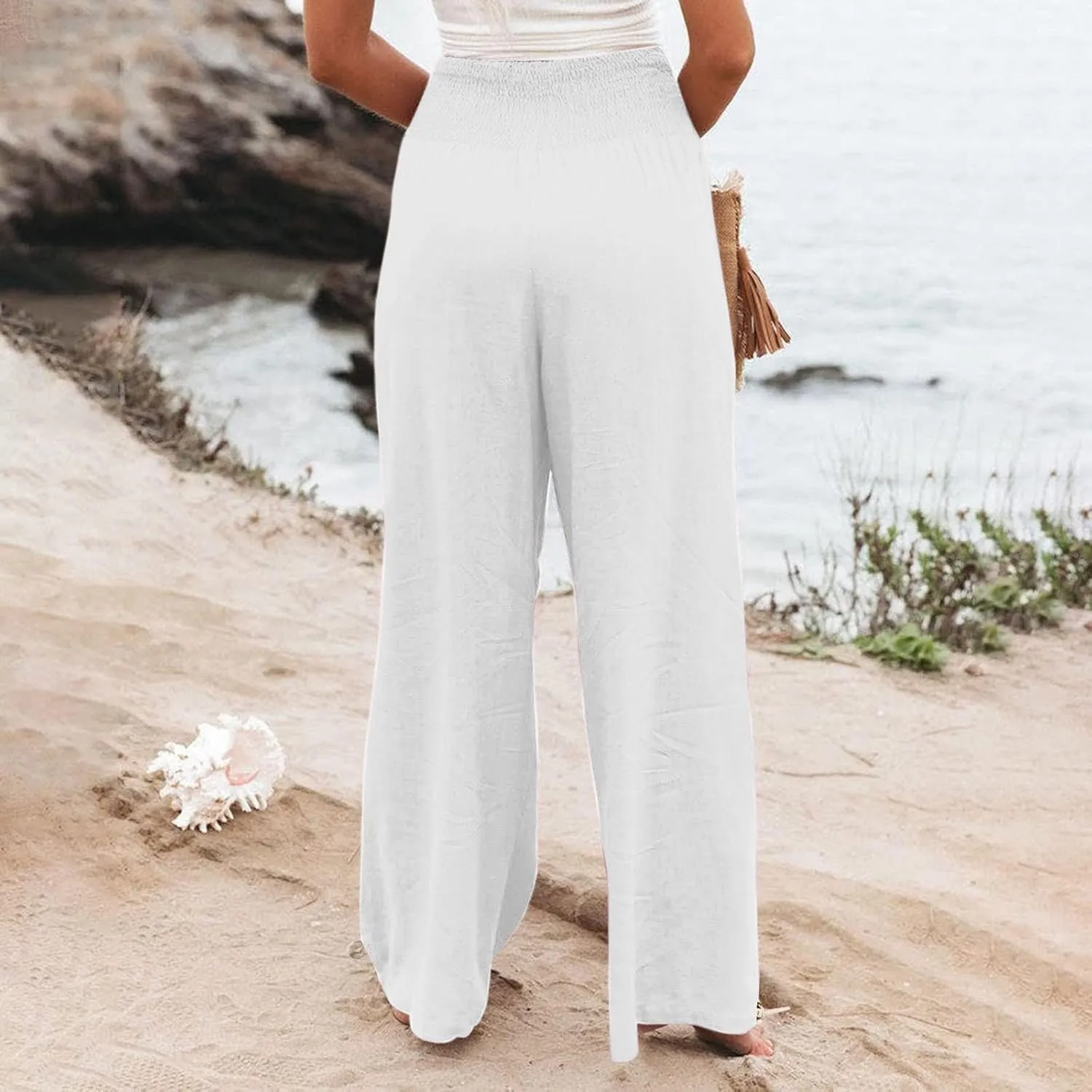 Women Linen Palazzo Summer Wide Leg High Waisted Casual Pants Beach Travel Vacation Plus Size Trousers with Pockets