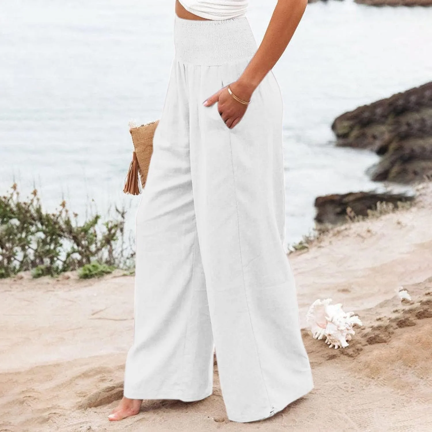 Women Linen Palazzo Summer Wide Leg High Waisted Casual Pants Beach Travel Vacation Plus Size Trousers with Pockets