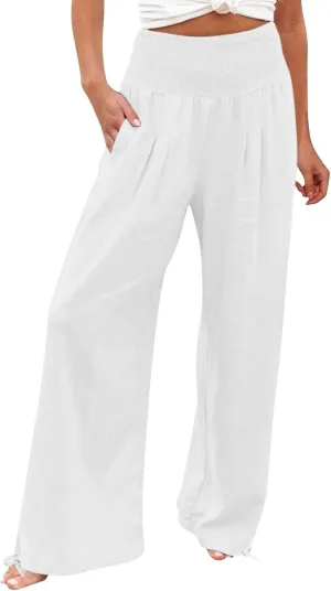 Women Linen Palazzo Summer Wide Leg High Waisted Casual Pants Beach Travel Vacation Plus Size Trousers with Pockets