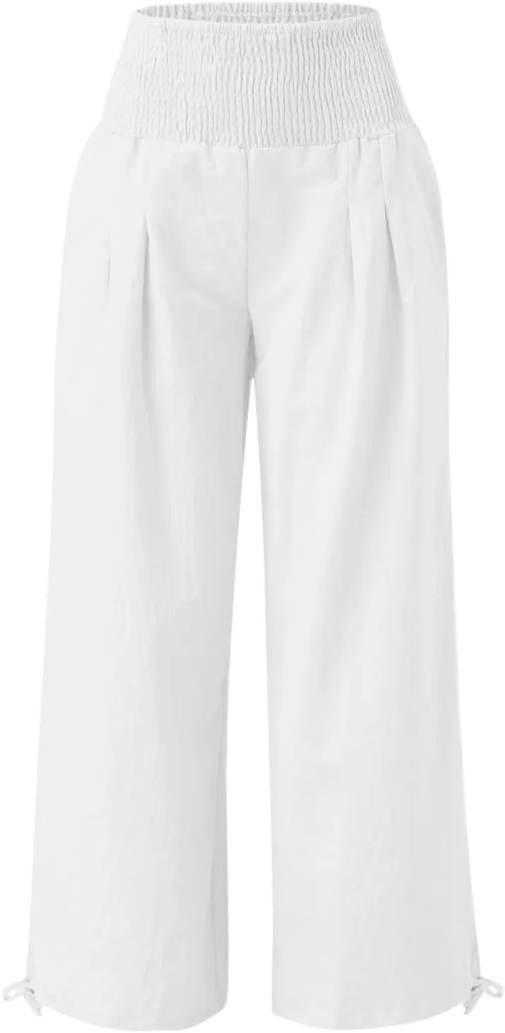 Women Linen Palazzo Summer Wide Leg High Waisted Casual Pants Beach Travel Vacation Plus Size Trousers with Pockets