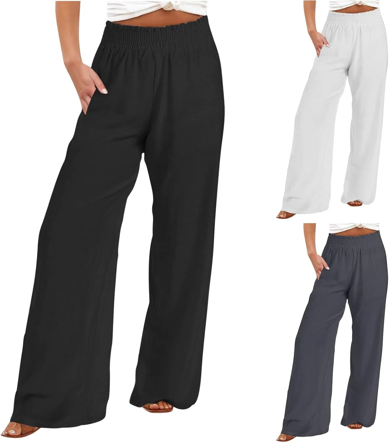 Women Linen Pants Casual Straight Leg Pants Drawstring Waist Long Pants Comfy Work Trousers Summer Jogger Pants Plus