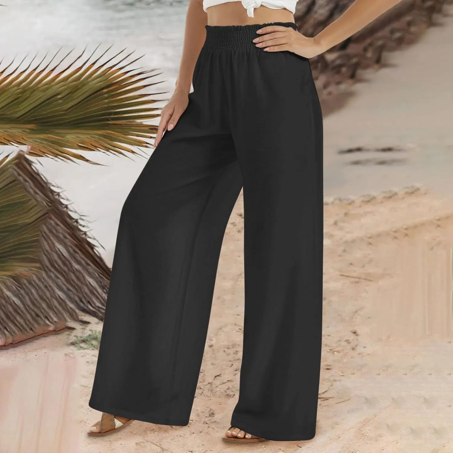 Women Linen Pants Casual Straight Leg Pants Drawstring Waist Long Pants Comfy Work Trousers Summer Jogger Pants Plus