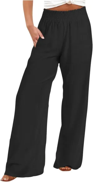 Women Linen Pants Casual Straight Leg Pants Drawstring Waist Long Pants Comfy Work Trousers Summer Jogger Pants Plus