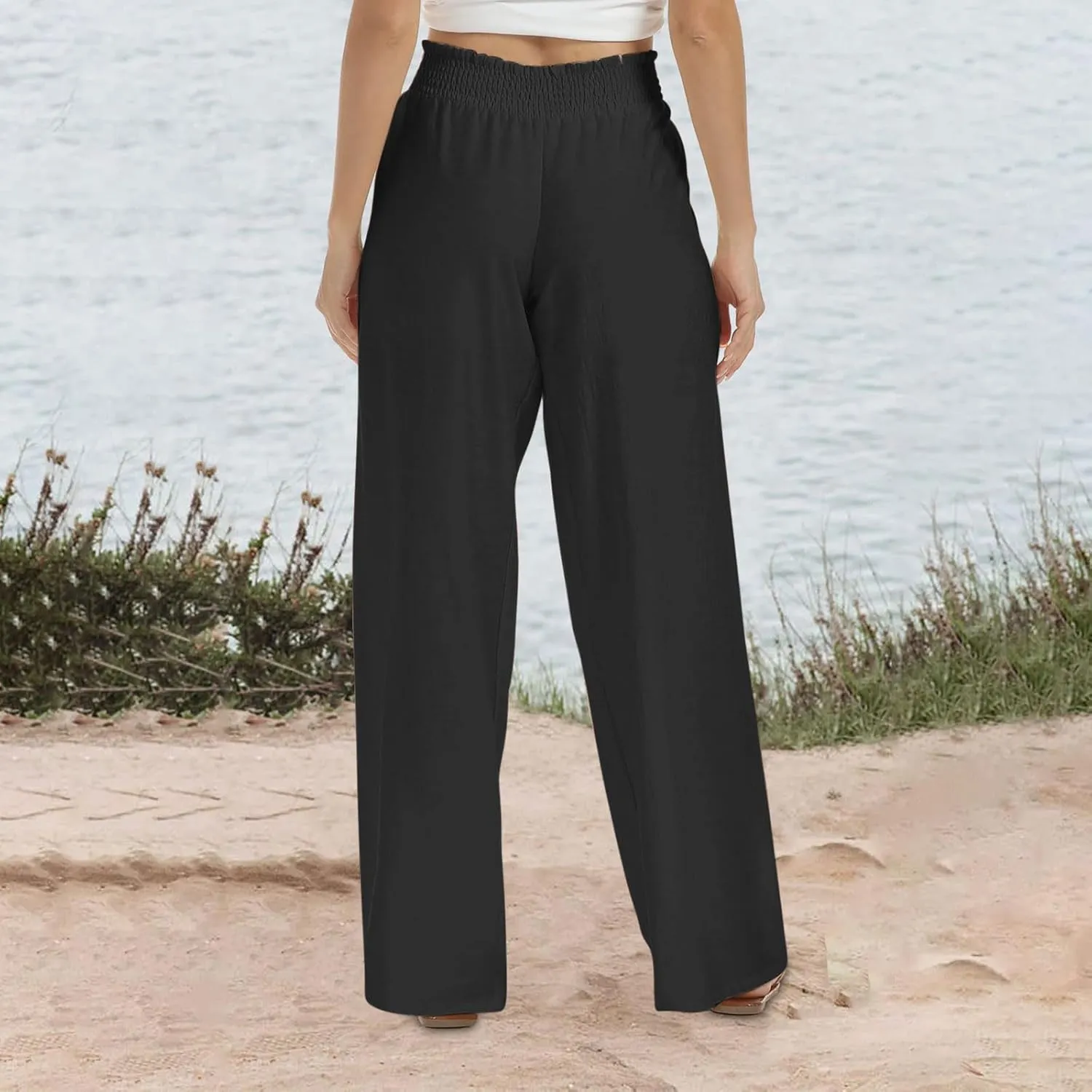 Women Linen Pants Casual Straight Leg Pants Drawstring Waist Long Pants Comfy Work Trousers Summer Jogger Pants Plus