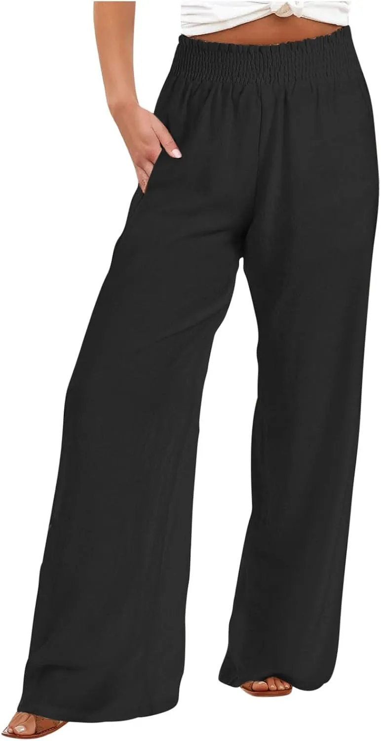 Women Linen Pants Casual Straight Leg Pants Drawstring Waist Long Pants Comfy Work Trousers Summer Jogger Pants Plus