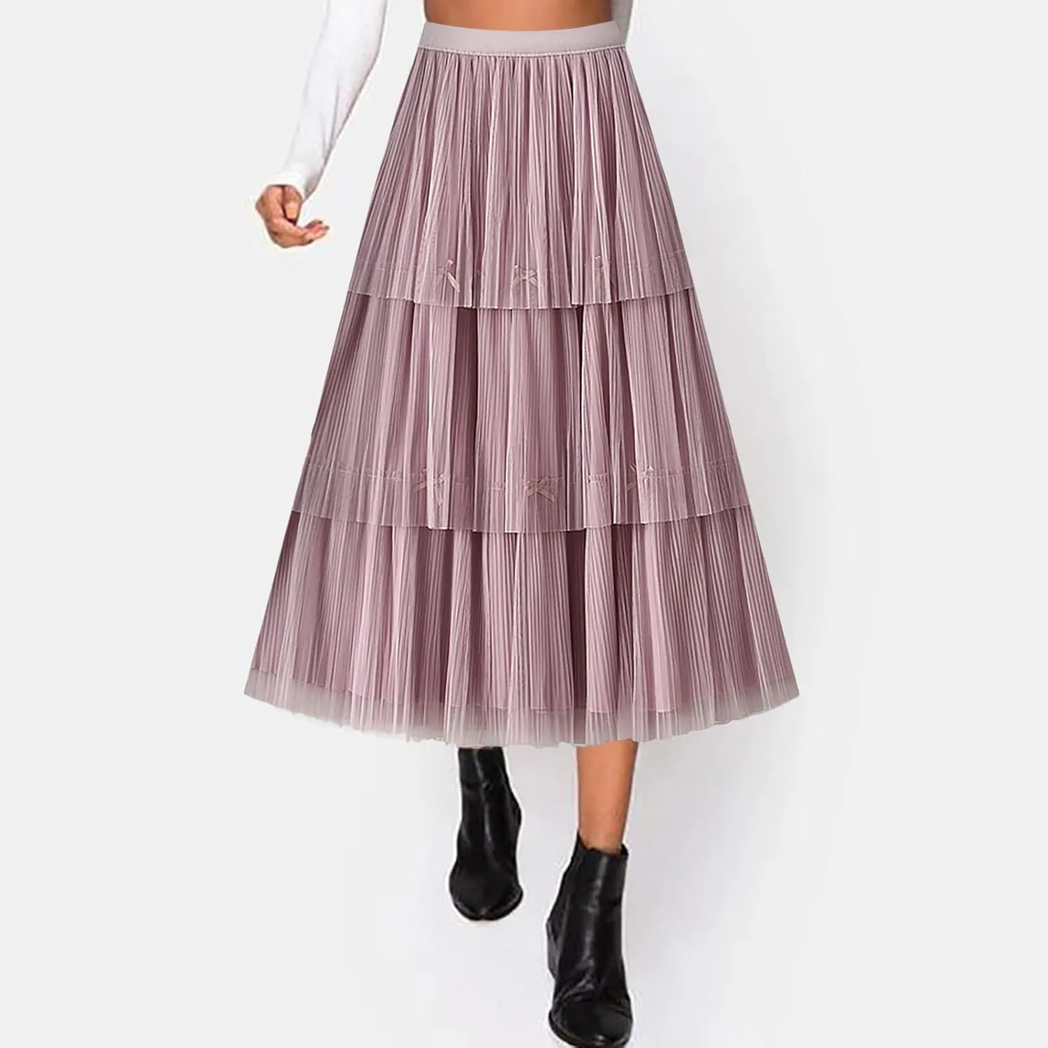 Women Mid Length Skirt Dance Party A Line High Waisted Bowknot Tulle Skirt Holiday Party Sweater Outfits for