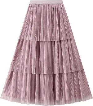 Women Mid Length Skirt Dance Party A Line High Waisted Bowknot Tulle Skirt Holiday Party Sweater Outfits for