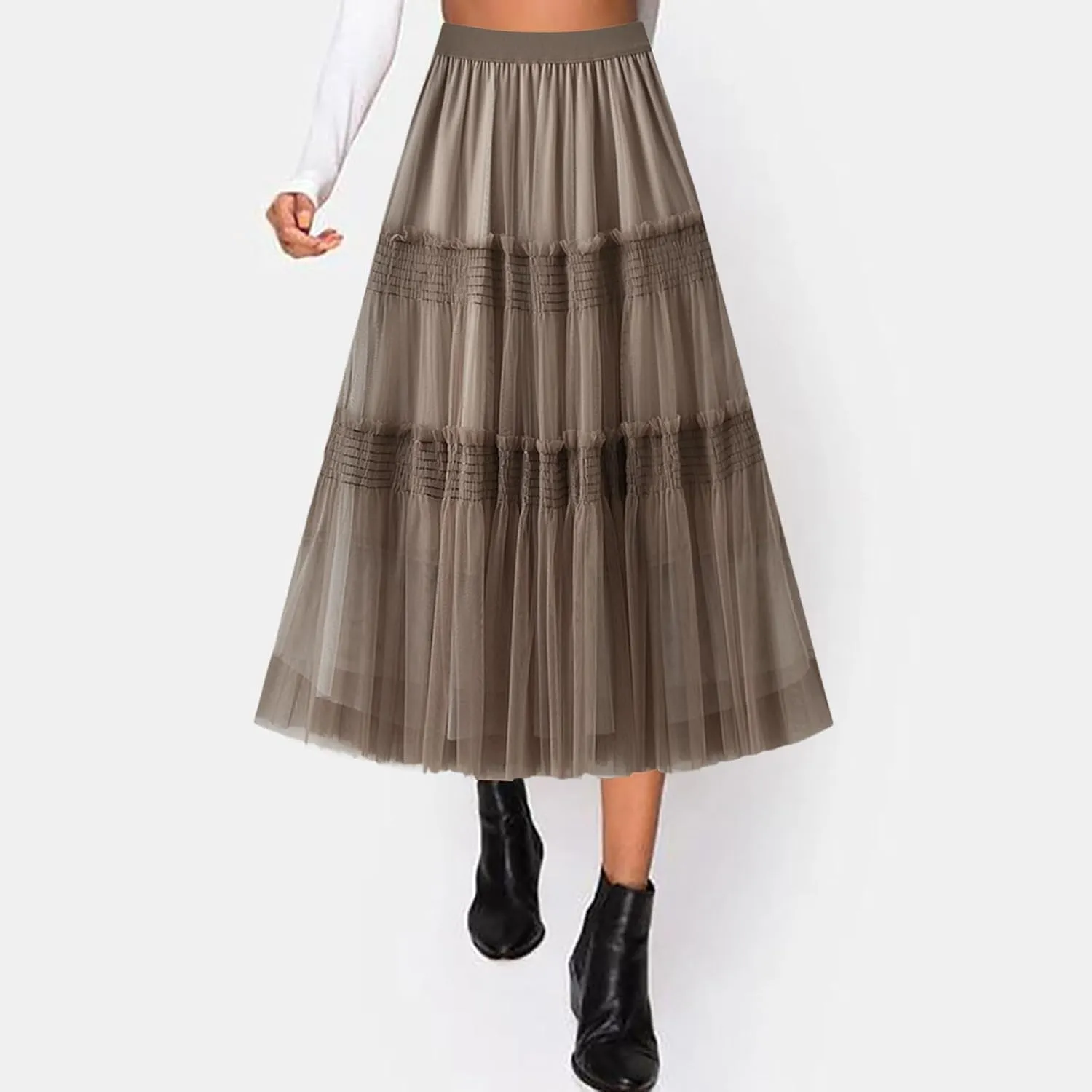 Women Mid Length Skirt Dance Party A Line High Waisted Ruffles Tulle Skirt Holiday Party Costume Half Skirt Women
