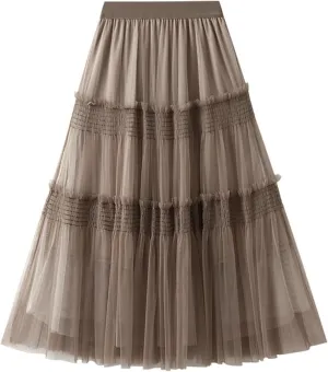 Women Mid Length Skirt Dance Party A Line High Waisted Ruffles Tulle Skirt Holiday Party Costume Half Skirt Women