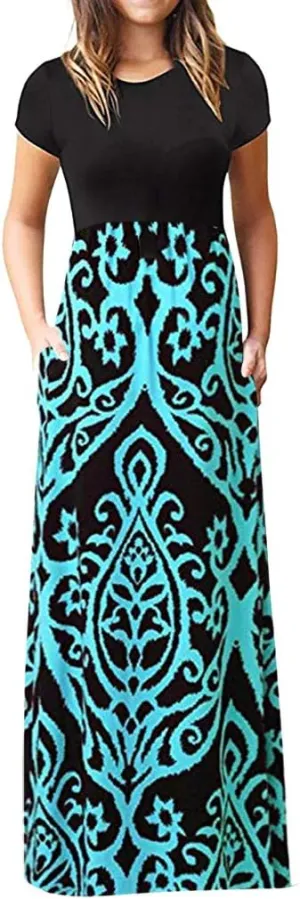 Women Plain Maxi Dresses 2025 Summer Short Sleeve Loose Casual Beach Long Dresses with Pockets
