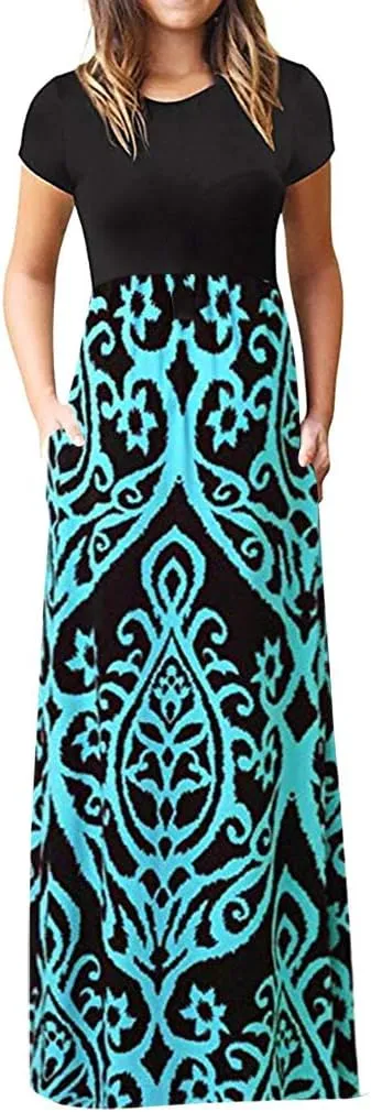 Women Plain Maxi Dresses 2025 Summer Short Sleeve Loose Casual Beach Long Dresses with Pockets