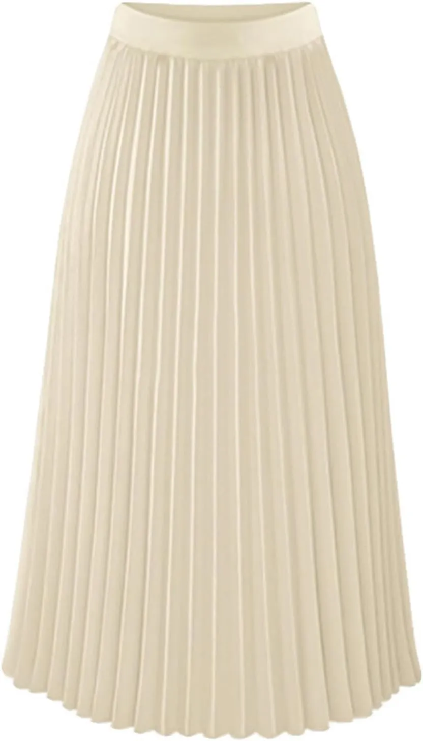 Women Pleated Chiffon Flare Skirt Trendy Midi Swing A-line Skirt Dressy Plain High Elastic Waist Elegant Long Skirts