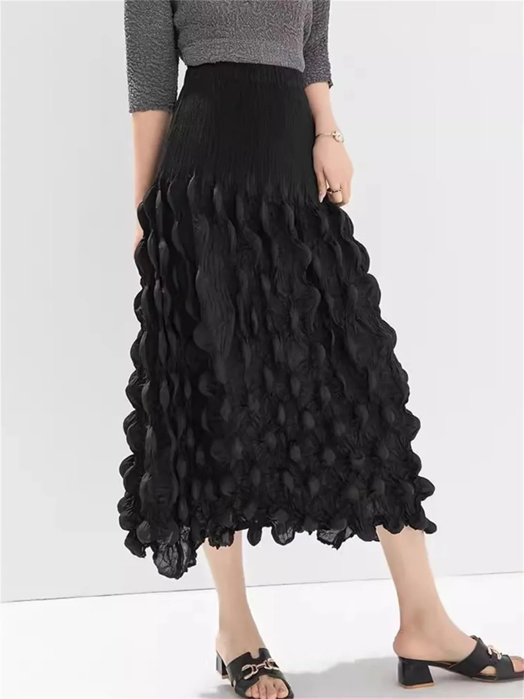 Women Pleated Design A-Line Skirt for Elastic High Waist Solid Color Folds Skirts