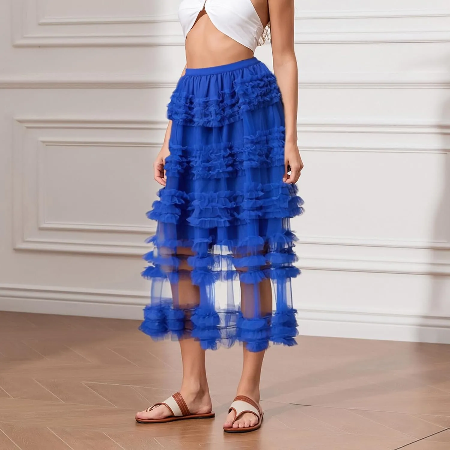 Women Puffy Tulle Maxi Skirt Layered A Line Tiered Ruffle Long Skirts Mesh Tutu Skirt Petticoat