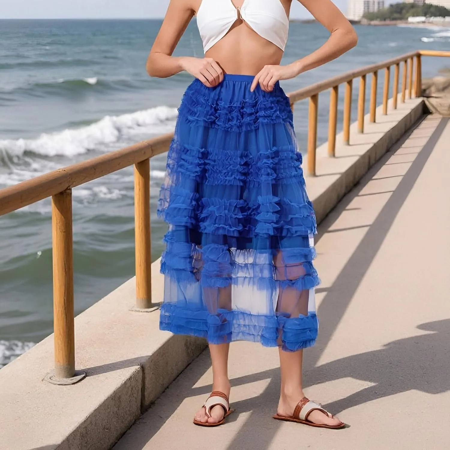 Women Puffy Tulle Maxi Skirt Layered A Line Tiered Ruffle Long Skirts Mesh Tutu Skirt Petticoat