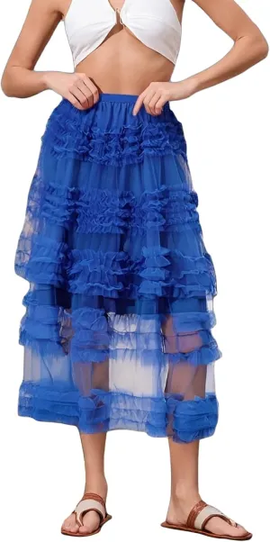 Women Puffy Tulle Maxi Skirt Layered A Line Tiered Ruffle Long Skirts Mesh Tutu Skirt Petticoat