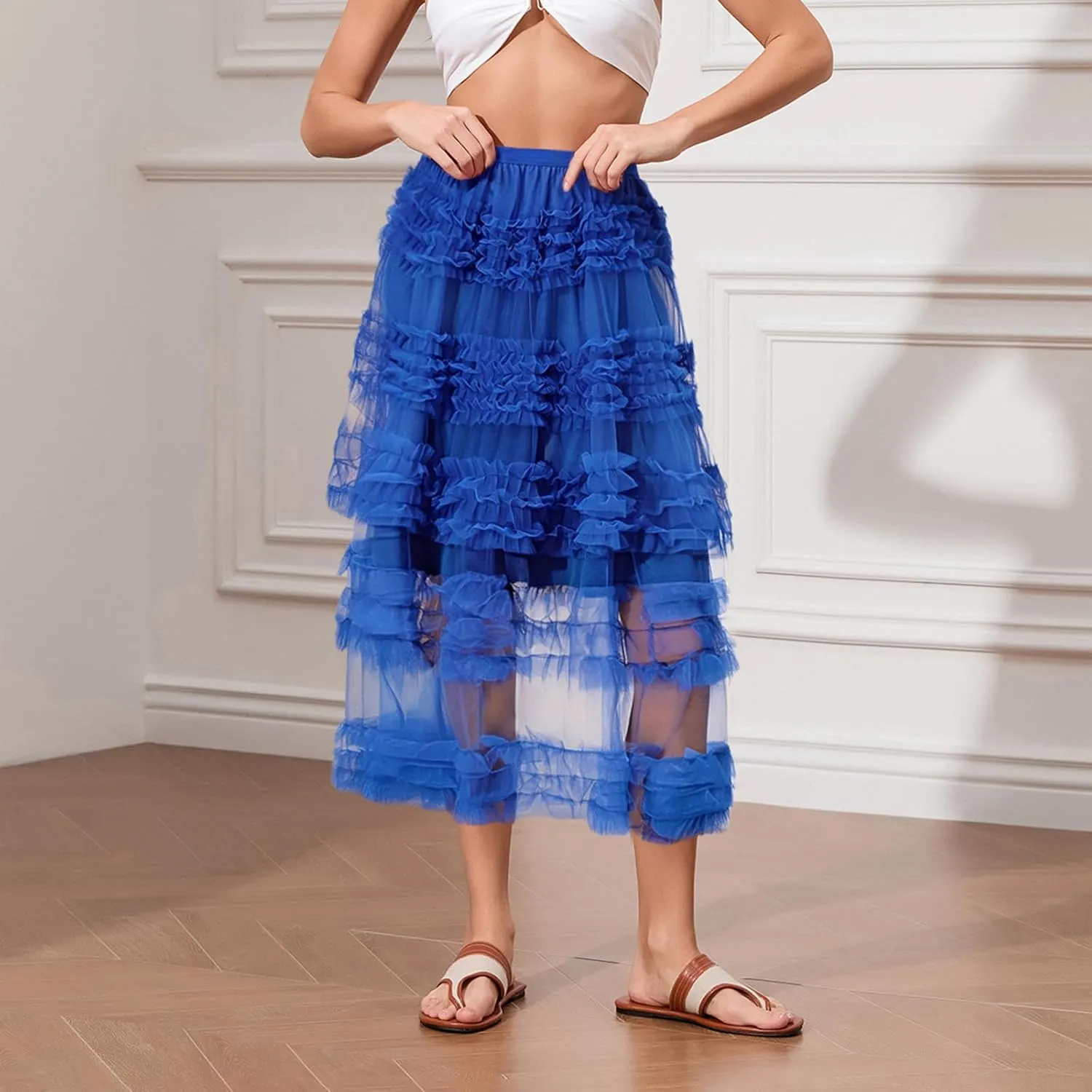 Women Puffy Tulle Maxi Skirt Layered A Line Tiered Ruffle Long Skirts Mesh Tutu Skirt Petticoat