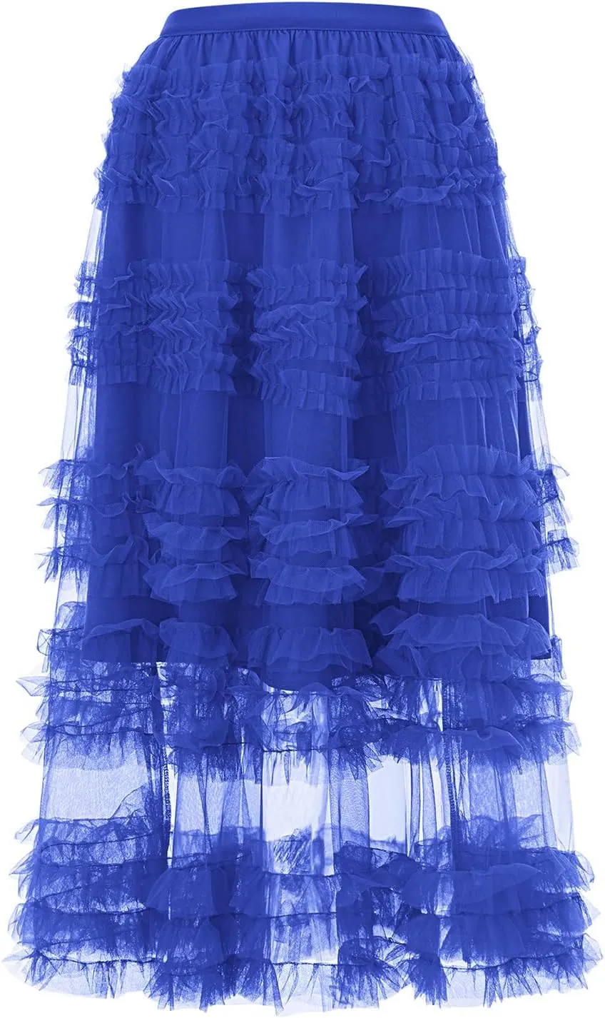 Women Puffy Tulle Maxi Skirt Layered A Line Tiered Ruffle Long Skirts Mesh Tutu Skirt Petticoat