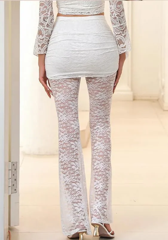 Women Sexy Lace See Through Pants Sheer Mesh Low Waist Stretchy Slim Trouser Hollow Out Skinny Leggings