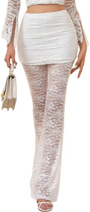 Women Sexy Lace See Through Pants Sheer Mesh Low Waist Stretchy Slim Trouser Hollow Out Skinny Leggings