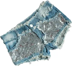 Women Sexy Sequin Low Waist Denim Jeans Shorts Mini Hot Pants Shorts