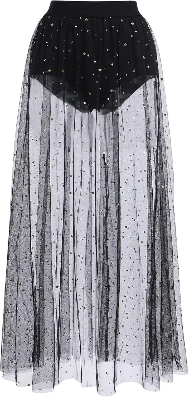 Women Shiny Stars Rave Skirt Flowy Mesh Tulle Maxi Skirts with Booty Bottoms Music Festival Clothes Halloween Costume