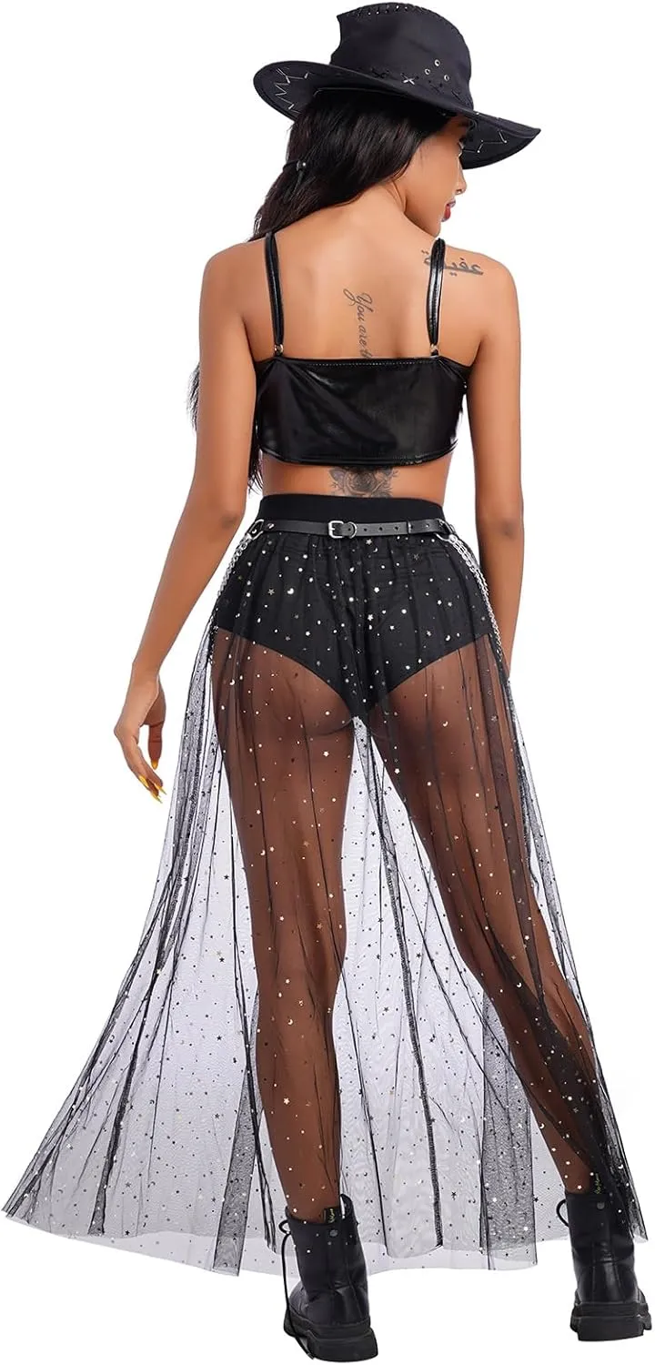 Women Shiny Stars Rave Skirt Flowy Mesh Tulle Maxi Skirts with Booty Bottoms Music Festival Clothes Halloween Costume