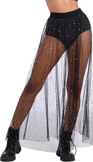 Women Shiny Stars Rave Skirt Flowy Mesh Tulle Maxi Skirts with Booty Bottoms Music Festival Clothes Halloween Costume