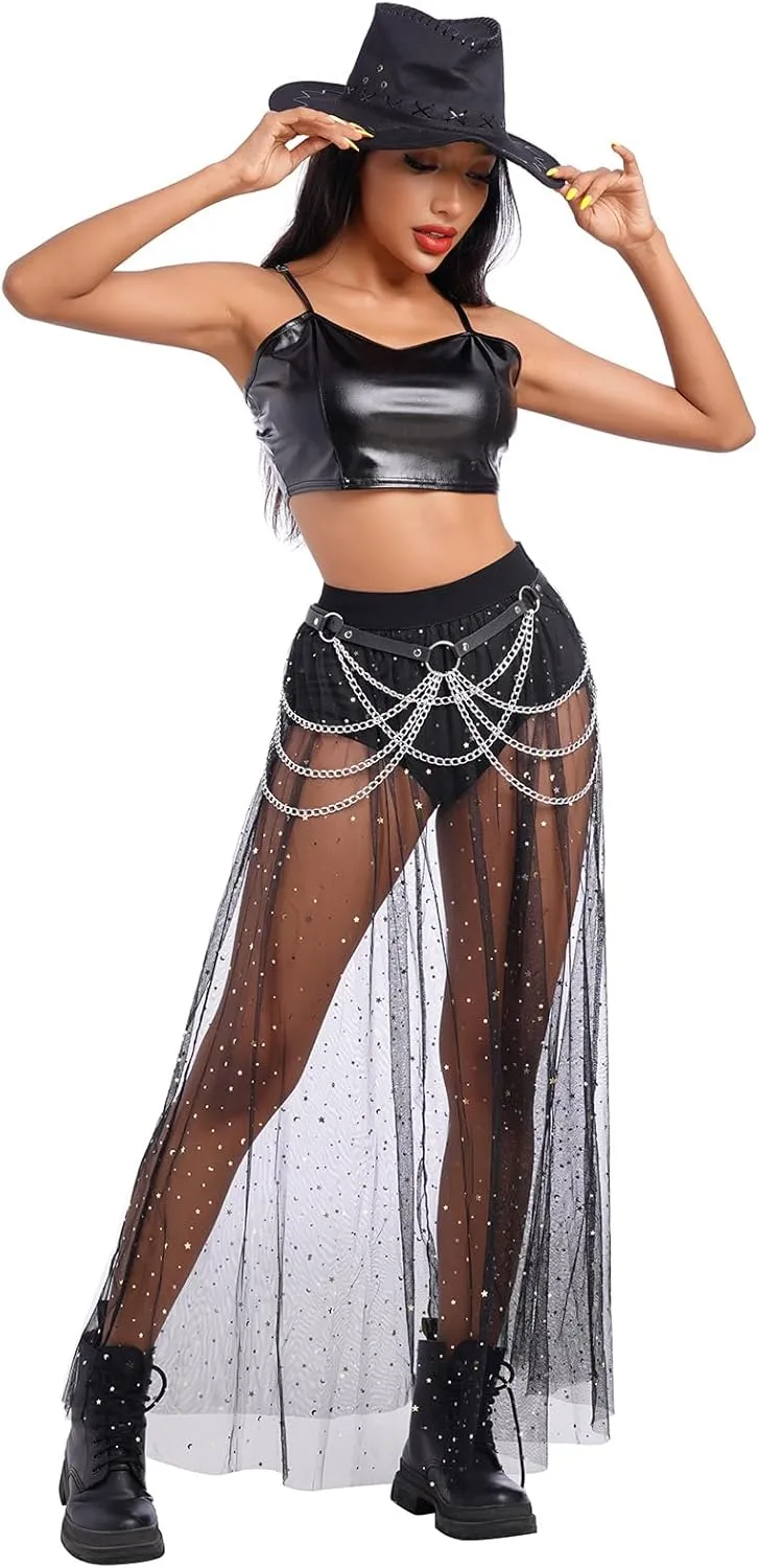 Women Shiny Stars Rave Skirt Flowy Mesh Tulle Maxi Skirts with Booty Bottoms Music Festival Clothes Halloween Costume