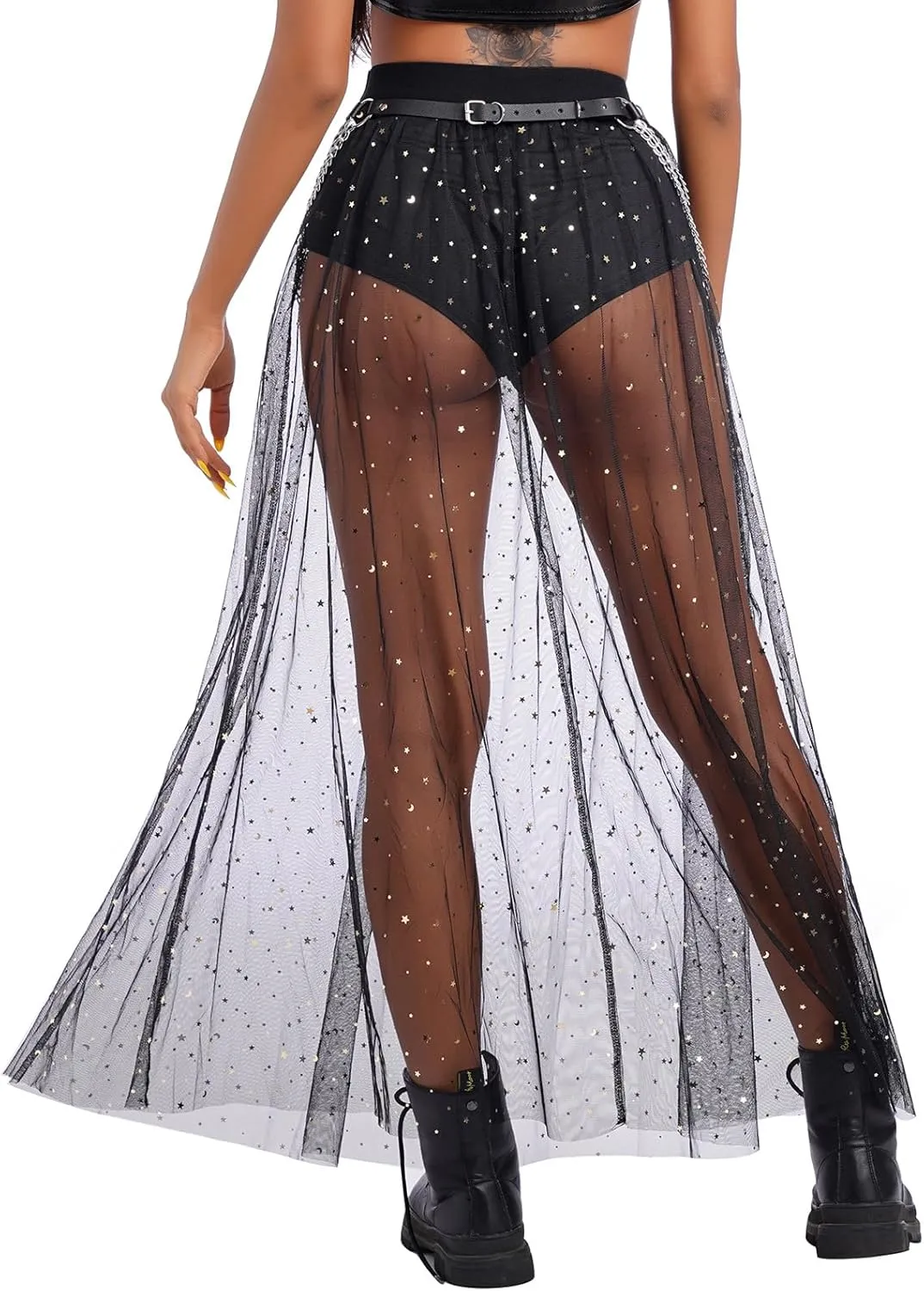 Women Shiny Stars Rave Skirt Flowy Mesh Tulle Maxi Skirts with Booty Bottoms Music Festival Clothes Halloween Costume