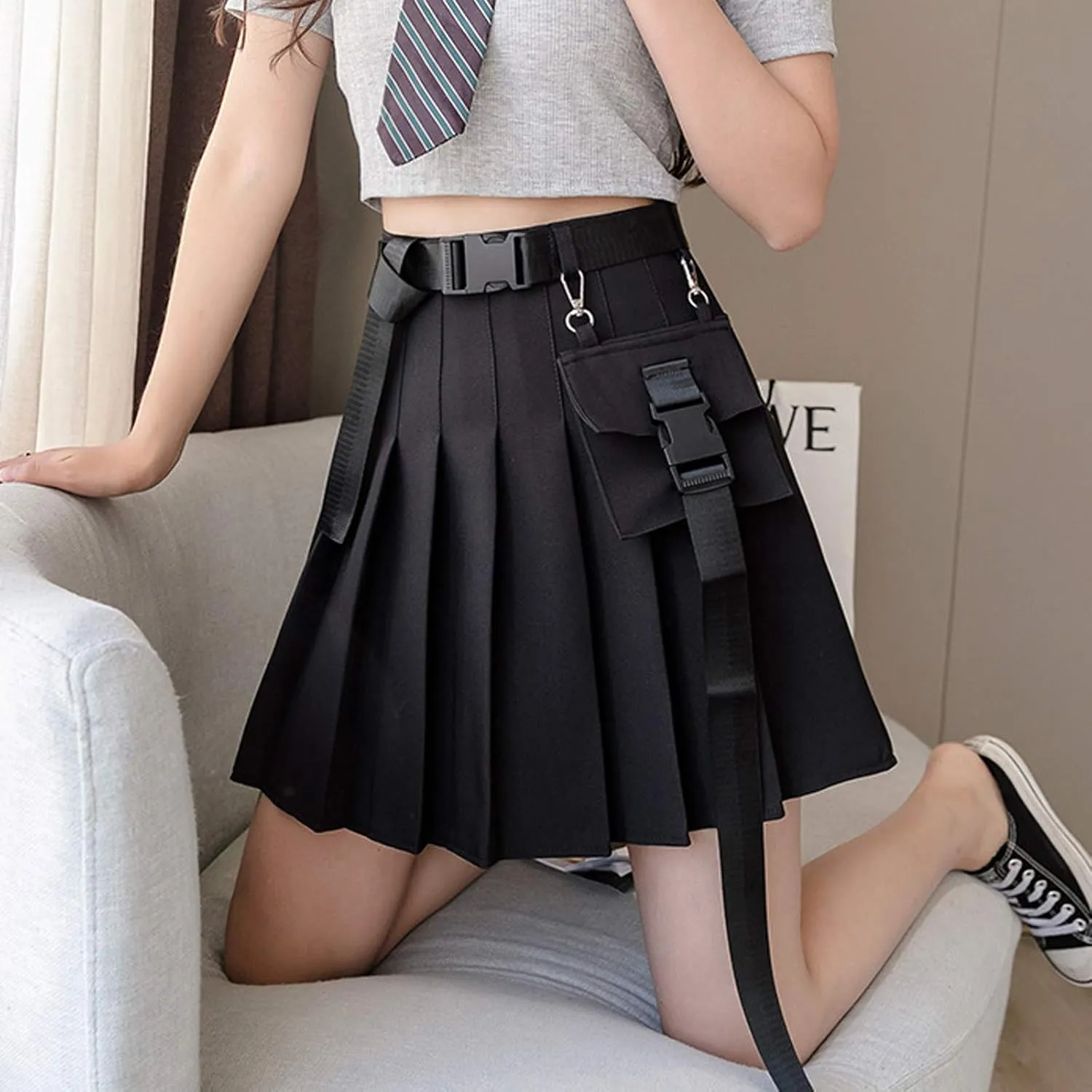 Women Stree Mini Skirts A-line Pocket Pleated Irregular Tooling Belt Skirt Womens Skirts Midi Length Tennis Skirt