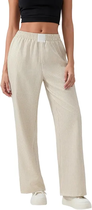 Women Stripe Print Pants Y2k Elastic High Waist Straight Leg Slim Fit Trousers Vintage Pj Pants Coquette Streetwear