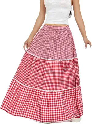 Women Summer Boho Plaid Maxi Skirt Elastic Waist Flowy A-Line Tiered Long Beach Skirt Y2k Bohemian Gingham Skirt