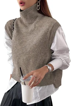 Women Turtleneck Crop Sweater Vest Sleeveless High Neck Solid Loose Fit Knitted Causal Jumper Top Streetwear