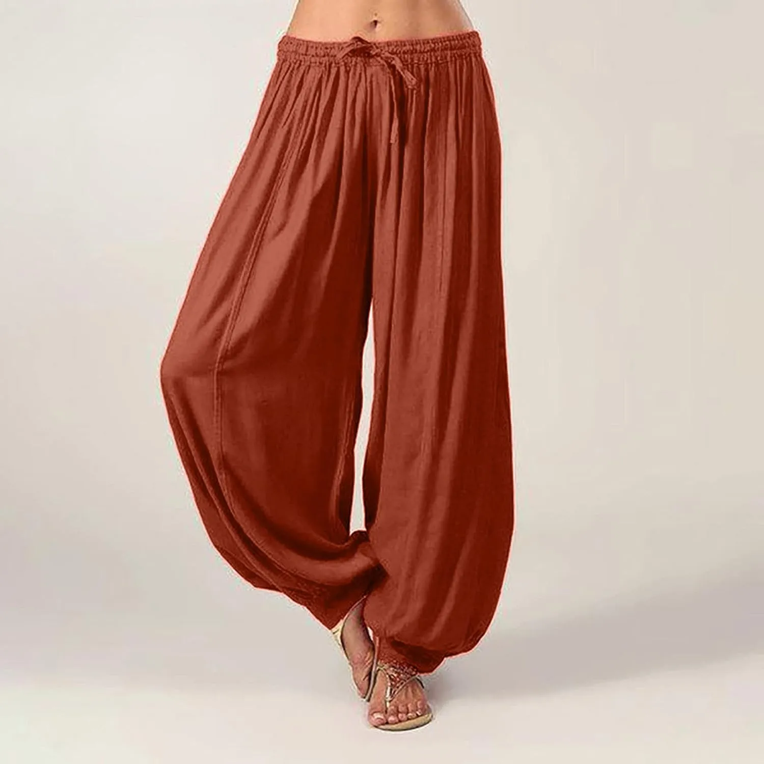 Women Wide Leg Trousers Solid Color Loose Casual Baggy Drawstring Yoga Pants Breathable Summer Cotton Linen Pants