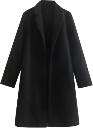 Women Winter Coats Wool Blend Mid Long Trench Coats Notch Lapel Open Front Pea Coat Elegant Work Office Jackets